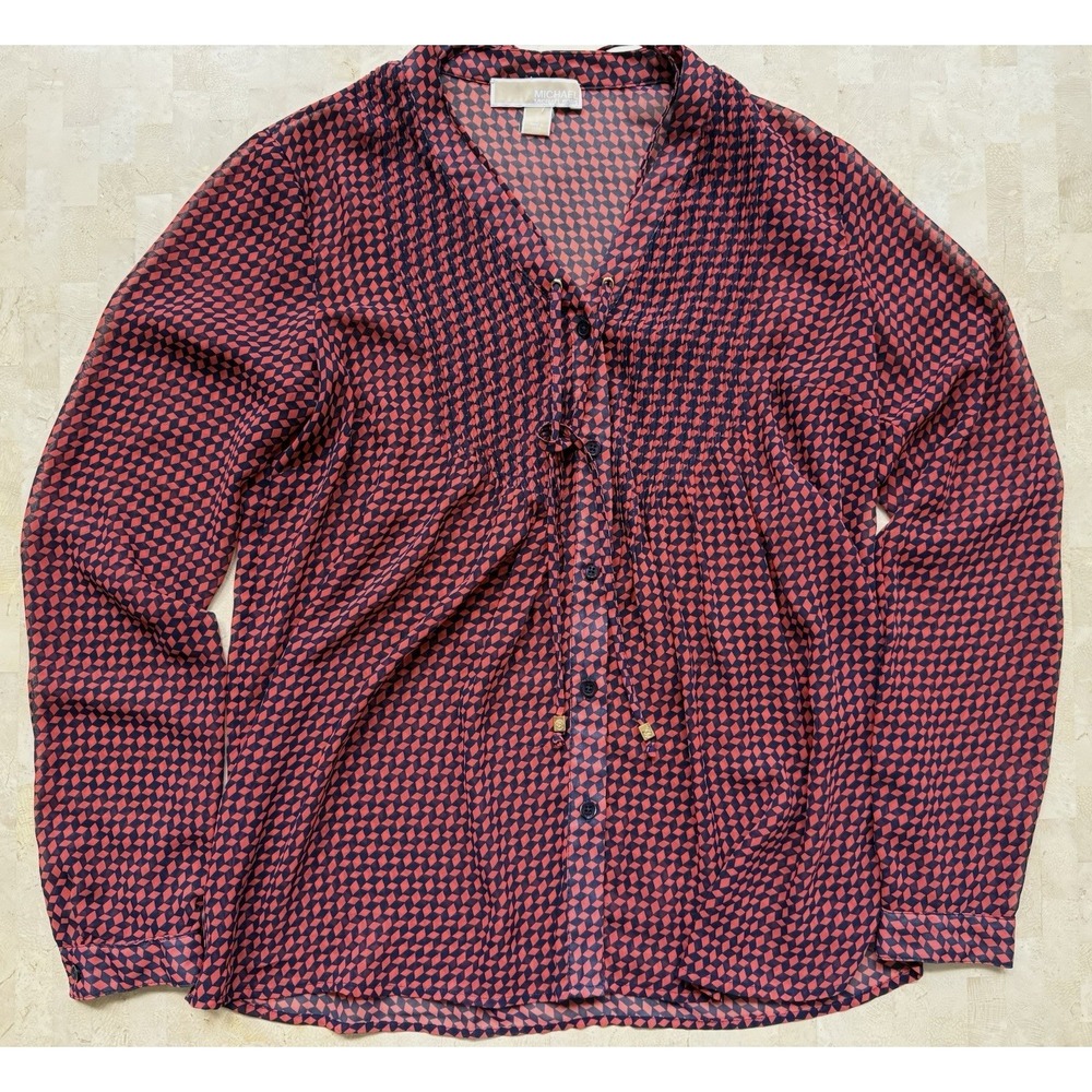 Michael Kors Women's Red Blue Blouse Shirt Long Sleeve Size S Geometric Workwear